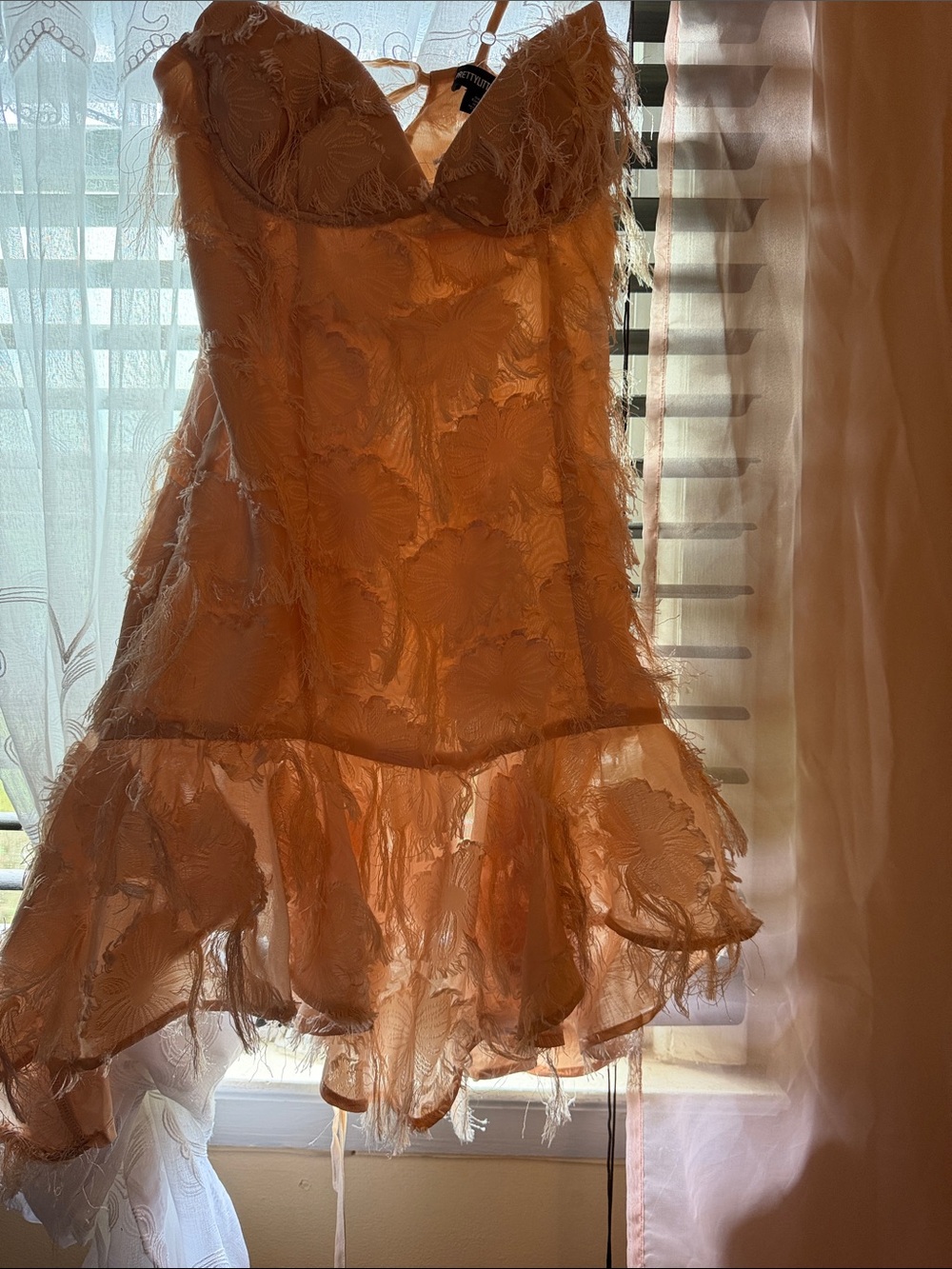 PrettyLittleThing Peach Feather-Trim Mini Dress
